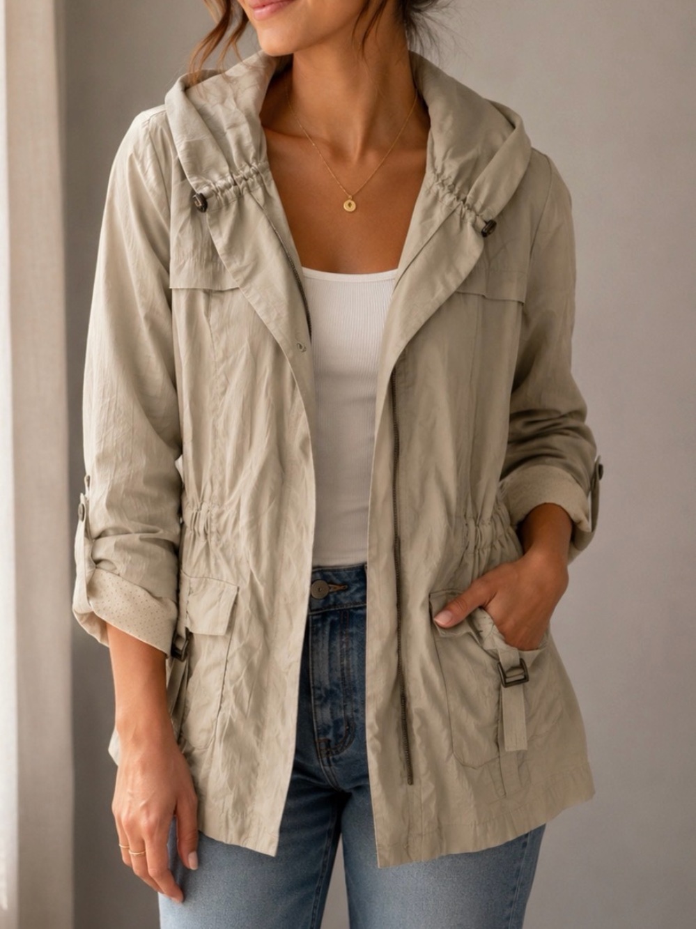 Chico's Lightweight Hooded Utility Jacket in Taupe